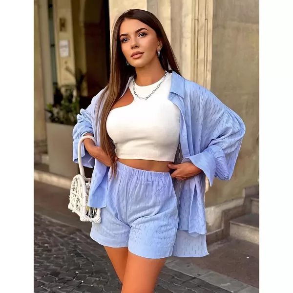 SWOMOG Womens 2 Piece Lounge Set Outfits Long Puff Sleeve Shirts High Waisted Shorts with Side Pockets Sweatsuit TracksuitLight Blue