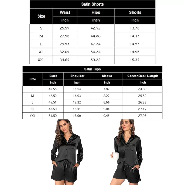 SWOMOG Womens 2 Piece Outfits Silk Button Down Long Sleeve Shirts And Shorts Satin Pajamas Summer Lounge Sets With PocketsBlack