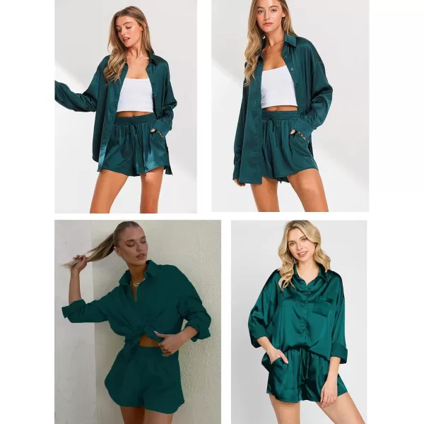 SWOMOG Womens 2 Piece Outfits Silk Button Down Long Sleeve Shirts And Shorts Satin Pajamas Summer Lounge Sets With PocketsDarkgreen