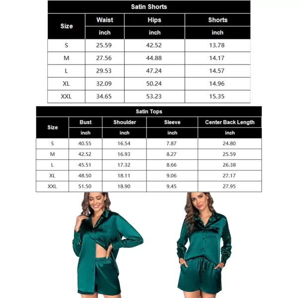 SWOMOG Womens 2 Piece Outfits Silk Button Down Long Sleeve Shirts And Shorts Satin Pajamas Summer Lounge Sets With PocketsDarkgreen