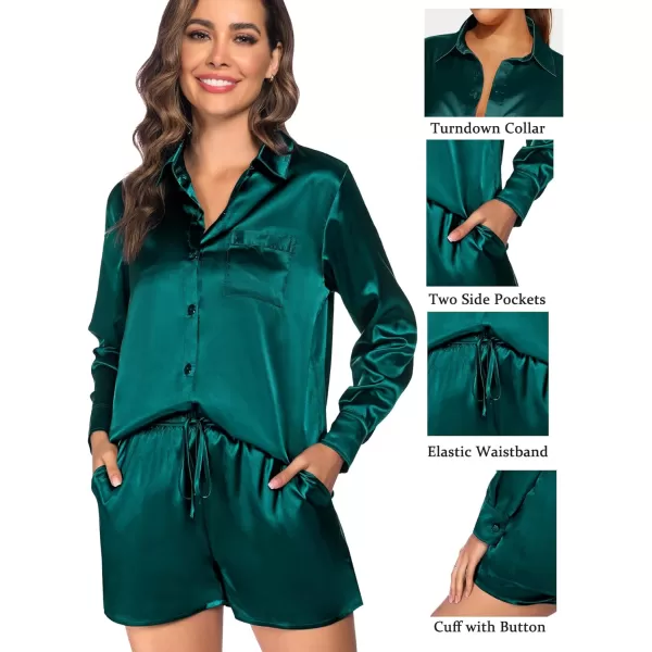 SWOMOG Womens 2 Piece Outfits Silk Button Down Long Sleeve Shirts And Shorts Satin Pajamas Summer Lounge Sets With PocketsDarkgreen