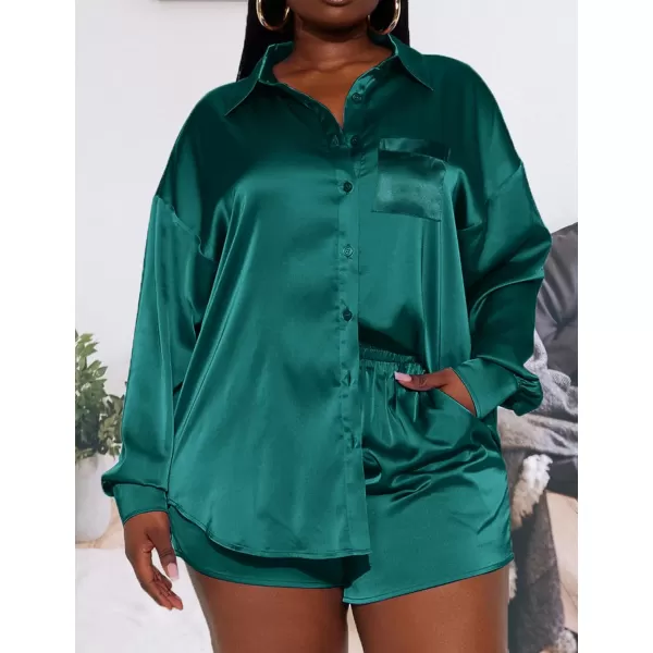 SWOMOG Womens 2 Piece Outfits Silk Button Down Long Sleeve Shirts And Shorts Satin Pajamas Summer Lounge Sets With PocketsDarkgreen