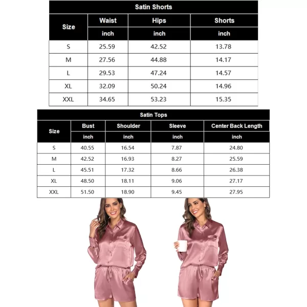 SWOMOG Womens 2 Piece Outfits Silk Button Down Long Sleeve Shirts And Shorts Satin Pajamas Summer Lounge Sets With PocketsMisty Rose