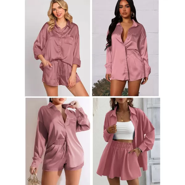 SWOMOG Womens 2 Piece Outfits Silk Button Down Long Sleeve Shirts And Shorts Satin Pajamas Summer Lounge Sets With PocketsMisty Rose