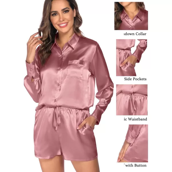 SWOMOG Womens 2 Piece Outfits Silk Button Down Long Sleeve Shirts And Shorts Satin Pajamas Summer Lounge Sets With PocketsMisty Rose