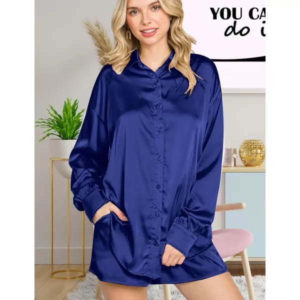 SWOMOG Womens 2 Piece Outfits Silk Button Down Long Sleeve Shirts And Shorts Satin Pajamas Summer Lounge Sets With PocketsNavy Blue