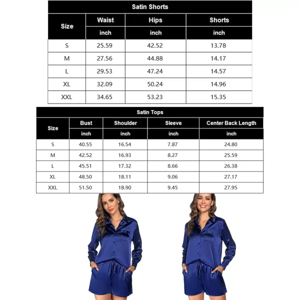 SWOMOG Womens 2 Piece Outfits Silk Button Down Long Sleeve Shirts And Shorts Satin Pajamas Summer Lounge Sets With PocketsNavy Blue