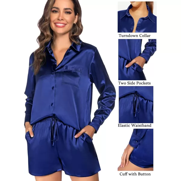 SWOMOG Womens 2 Piece Outfits Silk Button Down Long Sleeve Shirts And Shorts Satin Pajamas Summer Lounge Sets With PocketsNavy Blue