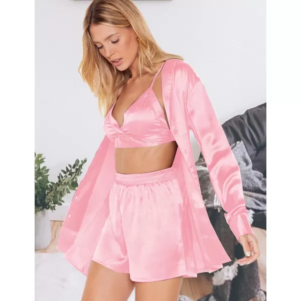 SWOMOG Womens 2 Piece Outfits Silk Button Down Long Sleeve Shirts And Shorts Satin Pajamas Summer Lounge Sets With PocketsPink