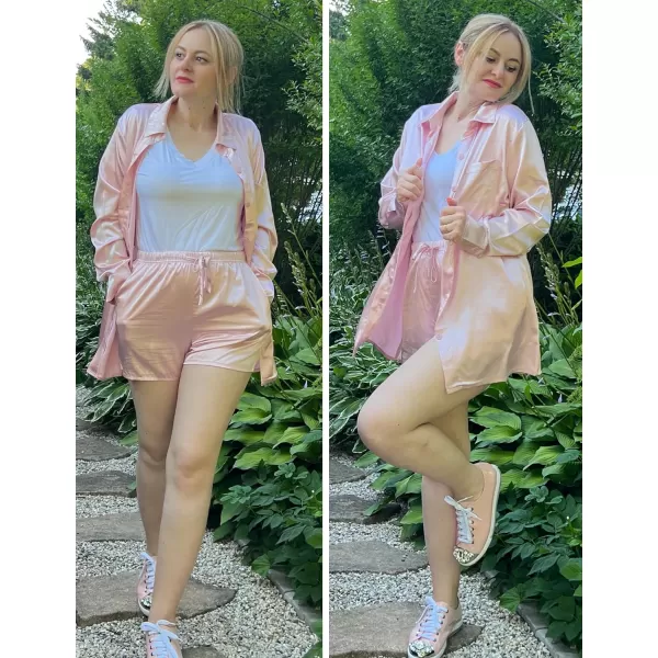 SWOMOG Womens 2 Piece Outfits Silk Button Down Long Sleeve Shirts And Shorts Satin Pajamas Summer Lounge Sets With PocketsPink