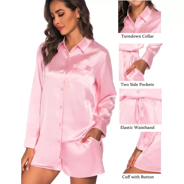 SWOMOG Womens 2 Piece Outfits Silk Button Down Long Sleeve Shirts And Shorts Satin Pajamas Summer Lounge Sets With PocketsPink