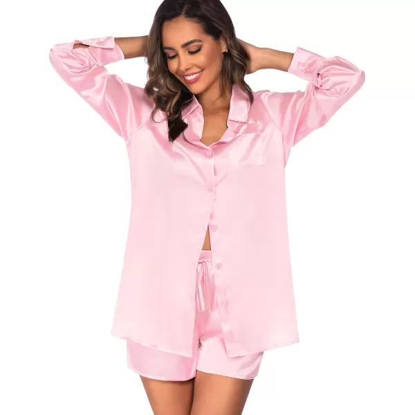 SWOMOG Womens 2 Piece Outfits Silk Button Down Long Sleeve Shirts And Shorts Satin Pajamas Summer Lounge Sets With PocketsPink
