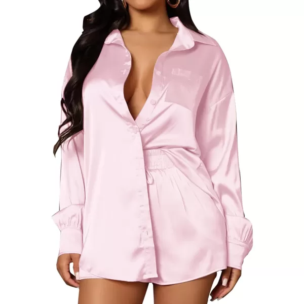 SWOMOG Womens 2 Piece Outfits Silk Button Down Long Sleeve Shirts And Shorts Satin Pajamas Summer Lounge Sets With PocketsPink
