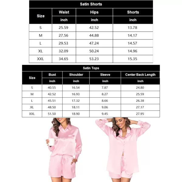 SWOMOG Womens 2 Piece Outfits Silk Button Down Long Sleeve Shirts And Shorts Satin Pajamas Summer Lounge Sets With PocketsPink