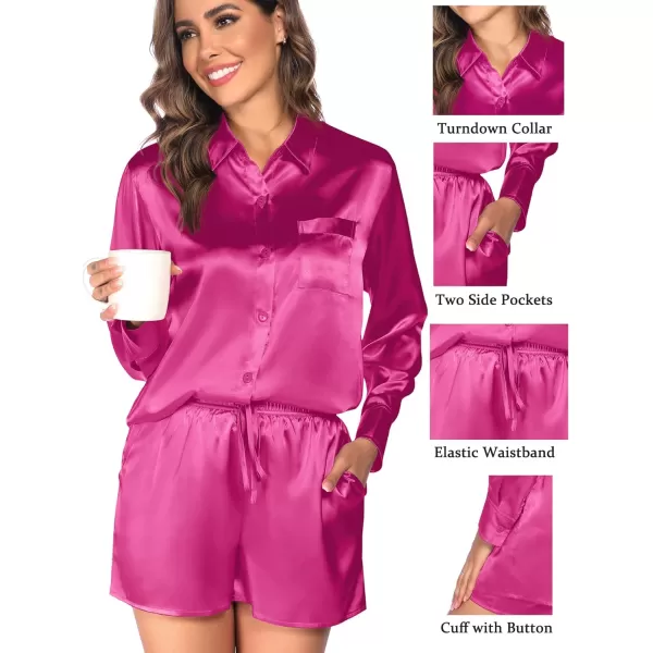 SWOMOG Womens 2 Piece Outfits Silk Button Down Long Sleeve Shirts And Shorts Satin Pajamas Summer Lounge Sets With PocketsRed Rose