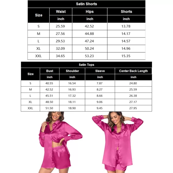 SWOMOG Womens 2 Piece Outfits Silk Button Down Long Sleeve Shirts And Shorts Satin Pajamas Summer Lounge Sets With PocketsRed Rose