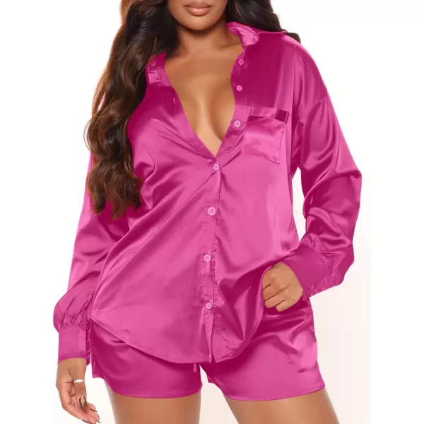 SWOMOG Womens 2 Piece Outfits Silk Button Down Long Sleeve Shirts And Shorts Satin Pajamas Summer Lounge Sets With PocketsRed Rose