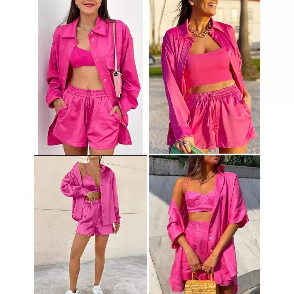 SWOMOG Womens 2 Piece Outfits Silk Button Down Long Sleeve Shirts And Shorts Satin Pajamas Summer Lounge Sets With PocketsRed Rose