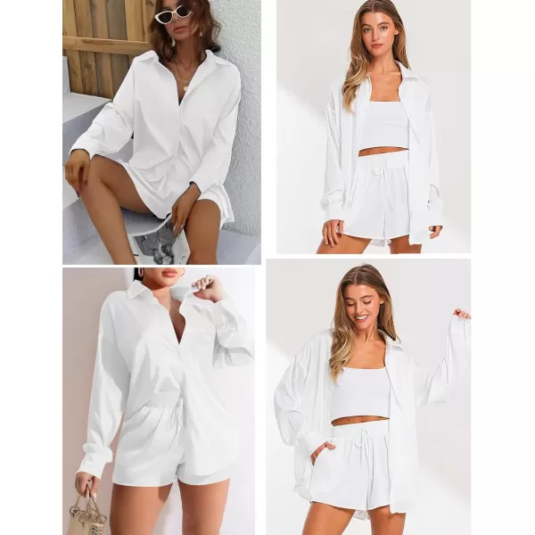 SWOMOG Womens 2 Piece Outfits Silk Button Down Long Sleeve Shirts And Shorts Satin Pajamas Summer Lounge Sets With PocketsWhite