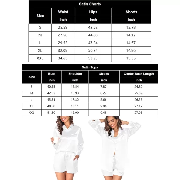 SWOMOG Womens 2 Piece Outfits Silk Button Down Long Sleeve Shirts And Shorts Satin Pajamas Summer Lounge Sets With PocketsWhite