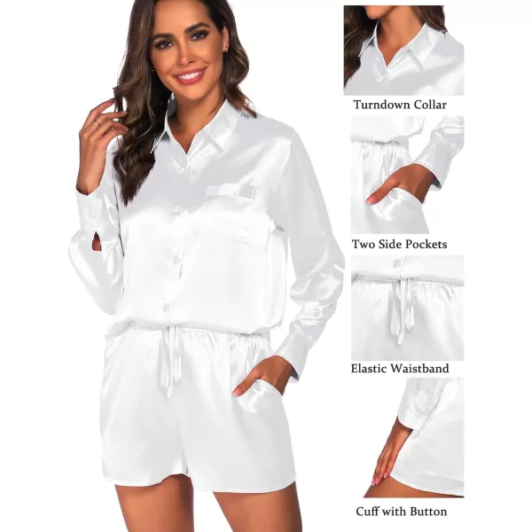 SWOMOG Womens 2 Piece Outfits Silk Button Down Long Sleeve Shirts And Shorts Satin Pajamas Summer Lounge Sets With PocketsWhite