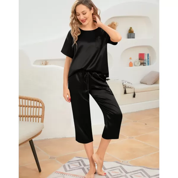 SWOMOG Womens 2 Piece Satin Pajamas Silk Short Sleeve Pjs Sets Capri Bottom Pajama Pants Loose Outfit with PocketsBlack