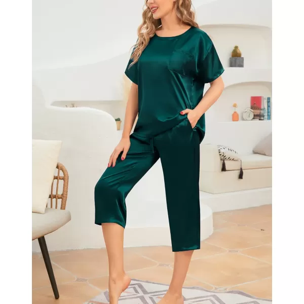 SWOMOG Womens 2 Piece Satin Pajamas Silk Short Sleeve Pjs Sets Capri Bottom Pajama Pants Loose Outfit with PocketsGreen