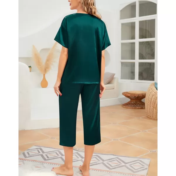 SWOMOG Womens 2 Piece Satin Pajamas Silk Short Sleeve Pjs Sets Capri Bottom Pajama Pants Loose Outfit with PocketsGreen