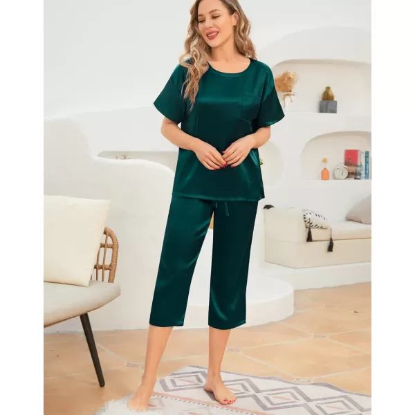 SWOMOG Womens 2 Piece Satin Pajamas Silk Short Sleeve Pjs Sets Capri Bottom Pajama Pants Loose Outfit with PocketsGreen