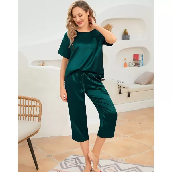 SWOMOG Womens 2 Piece Satin Pajamas Silk Short Sleeve Pjs Sets Capri Bottom Pajama Pants Loose Outfit with PocketsGreen