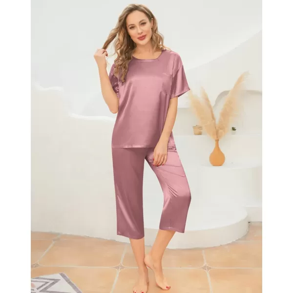 SWOMOG Womens 2 Piece Satin Pajamas Silk Short Sleeve Pjs Sets Capri Bottom Pajama Pants Loose Outfit with PocketsMisty Rose