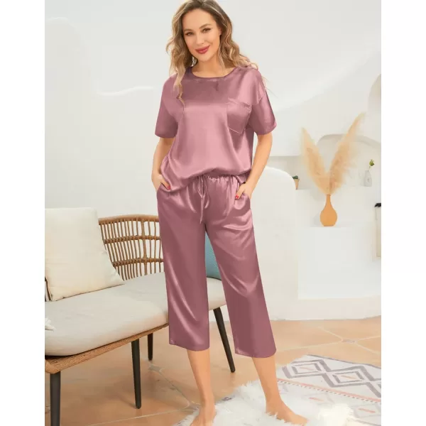 SWOMOG Womens 2 Piece Satin Pajamas Silk Short Sleeve Pjs Sets Capri Bottom Pajama Pants Loose Outfit with PocketsMisty Rose