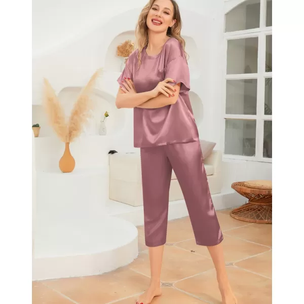 SWOMOG Womens 2 Piece Satin Pajamas Silk Short Sleeve Pjs Sets Capri Bottom Pajama Pants Loose Outfit with PocketsMisty Rose