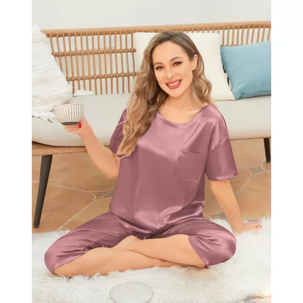 SWOMOG Womens 2 Piece Satin Pajamas Silk Short Sleeve Pjs Sets Capri Bottom Pajama Pants Loose Outfit with PocketsMisty Rose