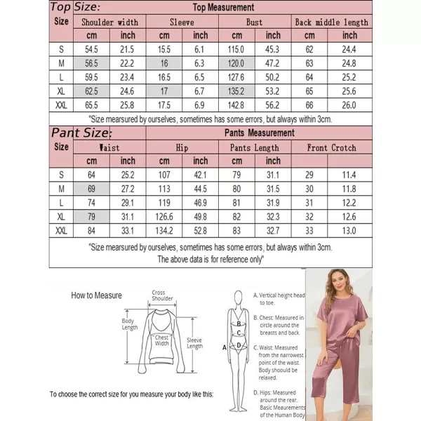 SWOMOG Womens 2 Piece Satin Pajamas Silk Short Sleeve Pjs Sets Capri Bottom Pajama Pants Loose Outfit with PocketsMisty Rose