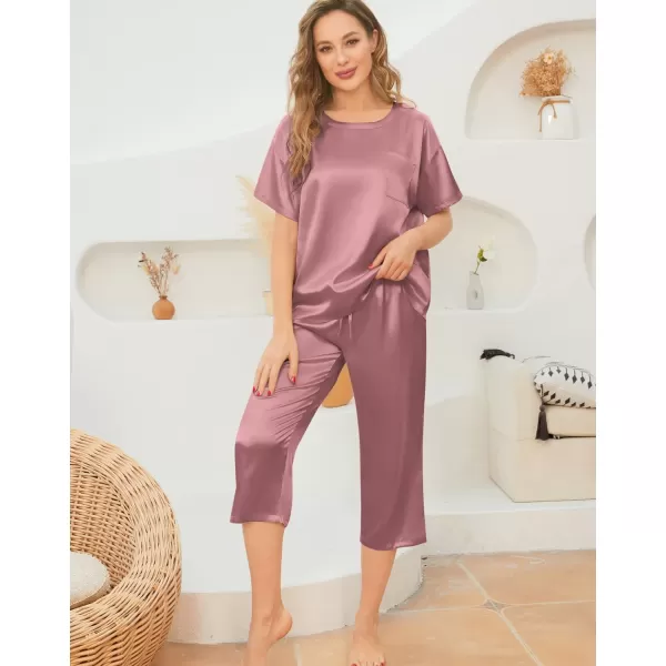 SWOMOG Womens 2 Piece Satin Pajamas Silk Short Sleeve Pjs Sets Capri Bottom Pajama Pants Loose Outfit with PocketsMisty Rose