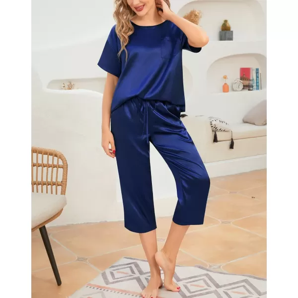 SWOMOG Womens 2 Piece Satin Pajamas Silk Short Sleeve Pjs Sets Capri Bottom Pajama Pants Loose Outfit with PocketsNavy Blue