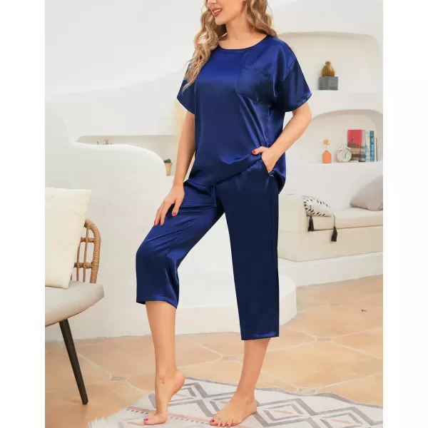 SWOMOG Womens 2 Piece Satin Pajamas Silk Short Sleeve Pjs Sets Capri Bottom Pajama Pants Loose Outfit with PocketsNavy Blue