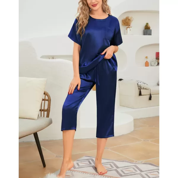 SWOMOG Womens 2 Piece Satin Pajamas Silk Short Sleeve Pjs Sets Capri Bottom Pajama Pants Loose Outfit with PocketsNavy Blue