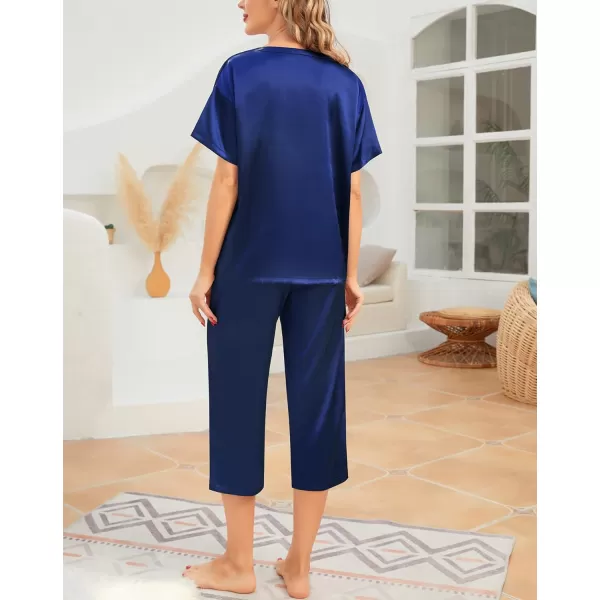 SWOMOG Womens 2 Piece Satin Pajamas Silk Short Sleeve Pjs Sets Capri Bottom Pajama Pants Loose Outfit with PocketsNavy Blue