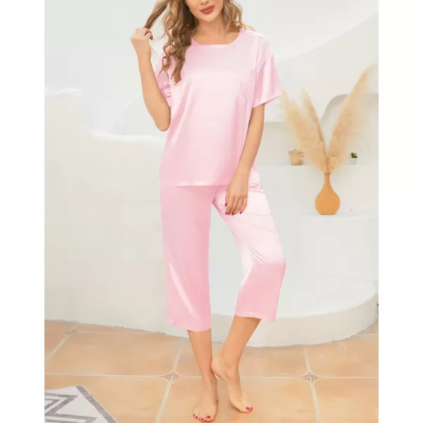 SWOMOG Womens 2 Piece Satin Pajamas Silk Short Sleeve Pjs Sets Capri Bottom Pajama Pants Loose Outfit with PocketsPink