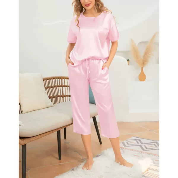 SWOMOG Womens 2 Piece Satin Pajamas Silk Short Sleeve Pjs Sets Capri Bottom Pajama Pants Loose Outfit with PocketsPink