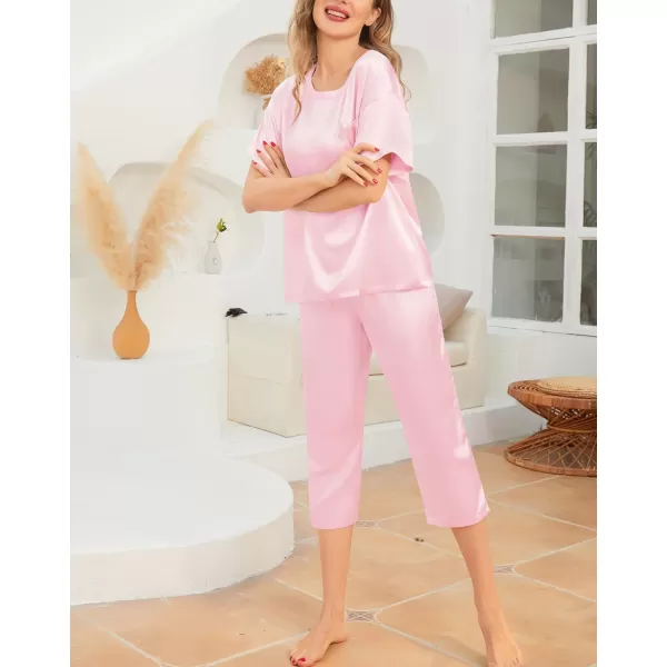 SWOMOG Womens 2 Piece Satin Pajamas Silk Short Sleeve Pjs Sets Capri Bottom Pajama Pants Loose Outfit with PocketsPink