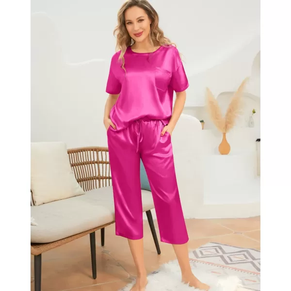 SWOMOG Womens 2 Piece Satin Pajamas Silk Short Sleeve Pjs Sets Capri Bottom Pajama Pants Loose Outfit with PocketsRose Red