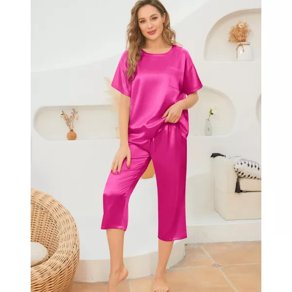 SWOMOG Womens 2 Piece Satin Pajamas Silk Short Sleeve Pjs Sets Capri Bottom Pajama Pants Loose Outfit with PocketsRose Red