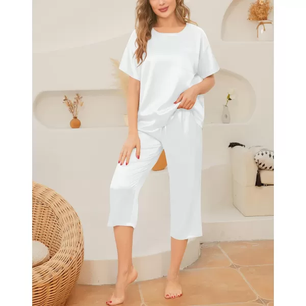 SWOMOG Womens 2 Piece Satin Pajamas Silk Short Sleeve Pjs Sets Capri Bottom Pajama Pants Loose Outfit with PocketsWhite