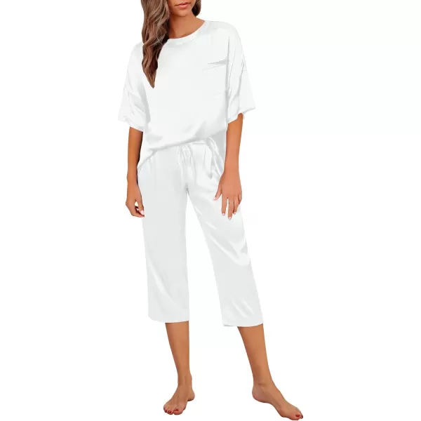 SWOMOG Womens 2 Piece Satin Pajamas Silk Short Sleeve Pjs Sets Capri Bottom Pajama Pants Loose Outfit with PocketsWhite