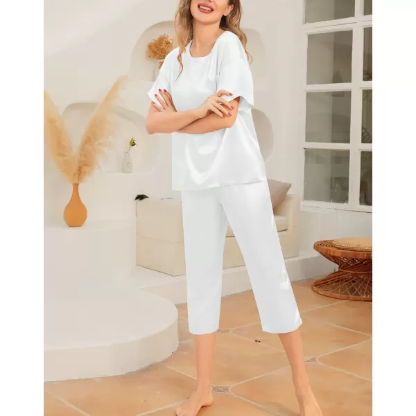 SWOMOG Womens 2 Piece Satin Pajamas Silk Short Sleeve Pjs Sets Capri Bottom Pajama Pants Loose Outfit with PocketsWhite