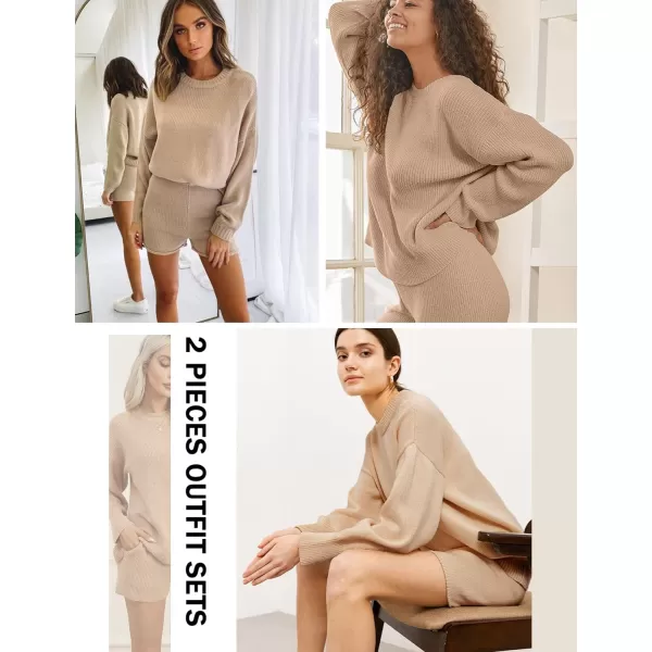 SWOMOG Womens 2 Piece Sweater Sets Outfits Long Sleeve Pajamas Set Knit Top and Shorts Matching Lounge Set with PocketsApricot