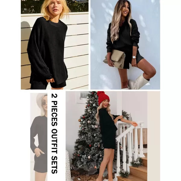 SWOMOG Womens 2 Piece Sweater Sets Outfits Long Sleeve Pajamas Set Knit Top and Shorts Matching Lounge Set with PocketsBlack